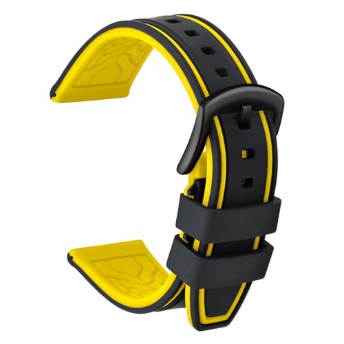 ULLCHRO Unisex Kautschuk Armband mit Gebürstete Edelstahl Silber Schnalle 22mm Schwarz Gelb von ULLCHRO