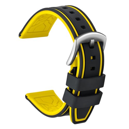 ULLCHRO Unisex Kautschuk Armband mit Gebürstete Edelstahl Silber Schnalle 22mm Schwarz Gelb von ULLCHRO