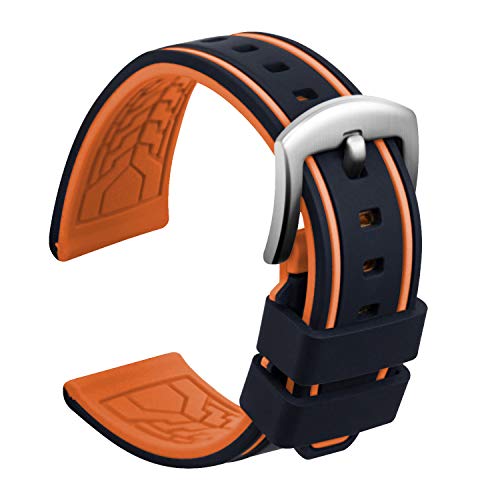 ULLCHRO Unisex Kautschuk Armband mit Gebürstete Edelstahl Silber Schnalle 24mm Schwarz Orange von ULLCHRO