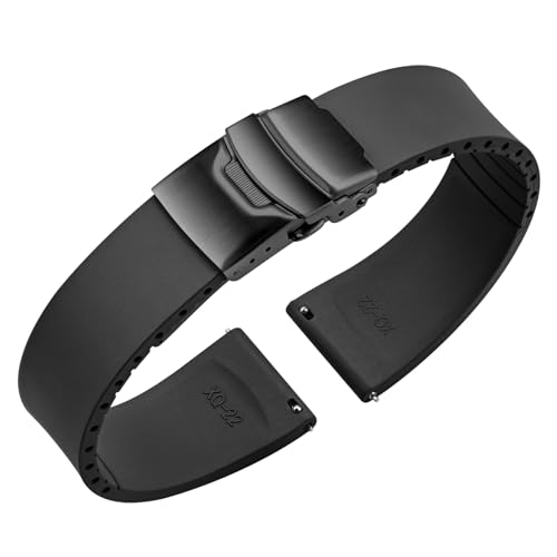 Uhrenarmband Fluorkautschuk mit Faltschließe Cut-to-Size FKM Kautschuk Gummi Armband Schnellverschluss Weiche Langlebig Universal Ersatzarmband Watch Band 18mm 19mm 20mm 21mm 22mm (22mm, Schwarz) von ULLCHRO