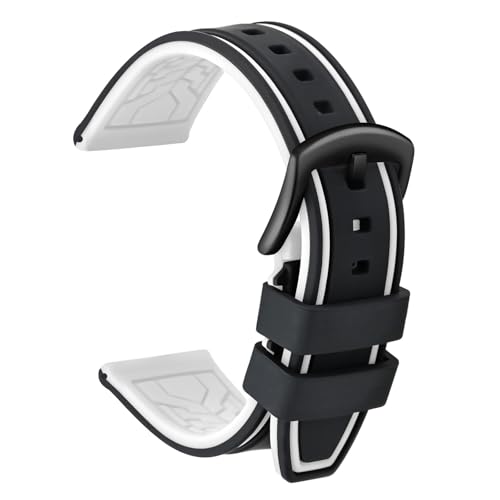 ULLCHRO Silikon-Uhrenarmband, Ersatzgummi, wasserdicht, zweifarbig, für Herren und Damen, 20, 22, 24, 26 mm, mit gebürsteter Edelstahl-Schnalle, Schwarz, schwarz / weiß, 20 mm, Armband von ULLCHRO