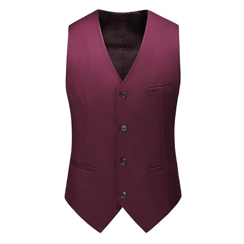 ULPUDFAO Herren Anzug Weste, Klassische Einreihige Weste Einfarbig Ärmellos Formelle Business Weste Atmungsaktiv Lässig Slim Fit Hochzeits Party Kleid Weste Top Für Männer Burgunderrot 3Xl von ULPUDFAO