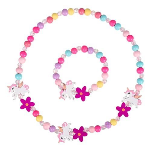 ULTECHNOVO Holzperlen Einhorn Schmuckset FüR Kinder, Bunte Halskette Und Armband, Kreatives Einhorn Präsent FüR MäDchen, Ideal FüR Geburtstag Und Party von ULTECHNOVO