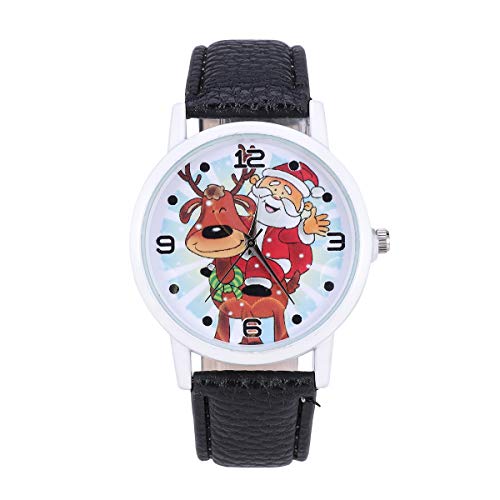 ULTECHNOVO Weihnachtsuhr Cartoon Elch Muster Uhr Quarz Armband Leder Gürtel (Schwarz) von ULTECHNOVO