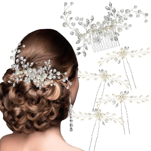 5 Stück Hochzeits-Haar-Accessoires: Perlenkristall-Strass-Haarkamm, Haarnadeln für Bräute, Brautjungfern, Frauen, Mädchen (Silber, Gold) von ULTIMUTE