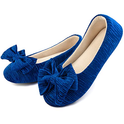 ULTRAIDEAS Damen Ballerina Hausschuhe mit eleganter Schleife und Memory Foam, gemütliche leichte Pantoffeln mit rutschfester weicher Gummisohle,Blau,38/39EU von ULTRAIDEAS