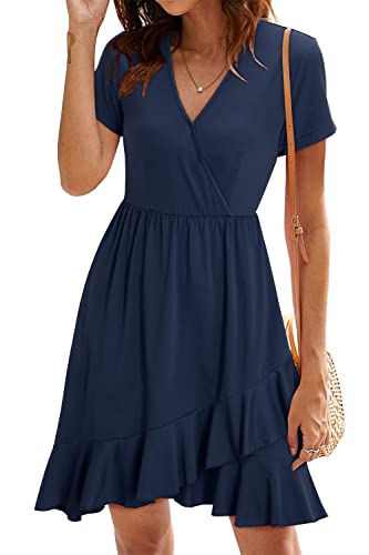 ULTRANICE Damen Einfarbig Sommerkleider Kurzarm Kleid V-Ausschnitt Strandkleid Rüschen Freizeitkleid(Marine-3146,Groß) von ULTRANICE