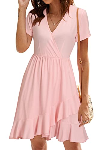 ULTRANICE Damen Einfarbig Sommerkleider Kurzarm Kleid V-Ausschnitt Strandkleid Rüschen Freizeitkleid(Pink-3146,Groß) von ULTRANICE