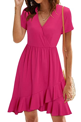 ULTRANICE Damen Einfarbig Sommerkleider Kurzarm Kleid V-Ausschnitt Strandkleid Rüschen Freizeitkleid(Rosa-3146,S) von ULTRANICE