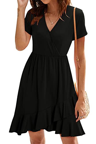 ULTRANICE Damen Schwarz Sommerkleider Kurzarm Kleid V-Ausschnitt Strandkleid Rüschen Freizeitkleid(Schwarz-3146,S) von ULTRANICE