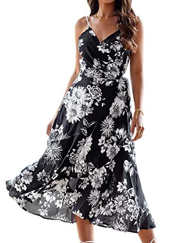 ULTRANICE Damen Sommerkleid V-Ausschnitt Spaghettiträger Wickelkleid Blumenmuster Kleid Rüsche Midikleid 2023(Floral B,X-Groß) von ULTRANICE