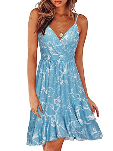 ULTRANICE Damen Sommerkleider Blumenmuster Kleid V-Ausschnitt Strandkleid Verstellbaren Spaghettiträger Rüschen Freizeitkleid(Floral-33,XXL) von ULTRANICE