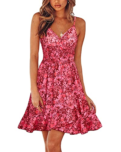 ULTRANICE Damen Sommerkleider Blumenmuster Kleid V-Ausschnitt Strandkleid Verstellbaren Spaghettiträger Rüschen Freizeitkleid(Floral-43,XXL) von ULTRANICE