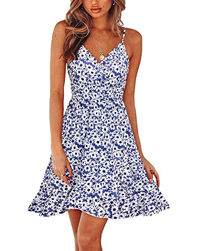 ULTRANICE Damen Sommerkleider Blumenmuster Kleid V-Ausschnitt Strandkleid Verstellbaren Spaghettiträger Rüschen Freizeitkleid(Floral-44,M) von ULTRANICE