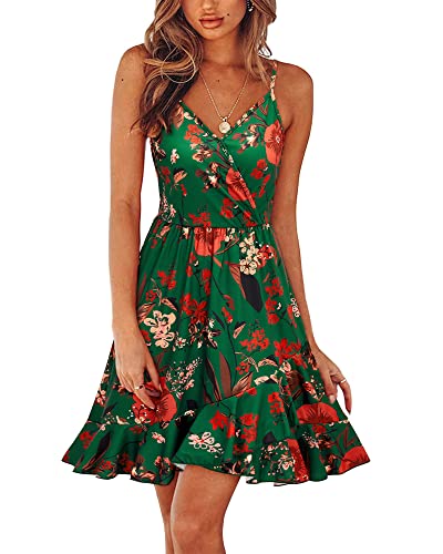 ULTRANICE Damen Sommerkleider Blumenmuster Kleid V-Ausschnitt Strandkleid Verstellbaren Spaghettiträger Rüschen Freizeitkleid(Floral-45,XX-Groß) von ULTRANICE