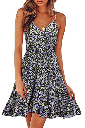 ULTRANICE Damen Sommerkleider Blumenmuster Kleid V-Ausschnitt Strandkleid Verstellbaren Spaghettiträger Rüschen Freizeitkleid(Floral-47,Medium) von ULTRANICE