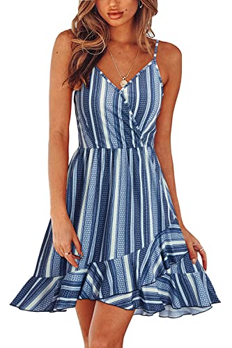 ULTRANICE Damen Sommerkleider Blumenmuster Kleid V-Ausschnitt Strandkleid Verstellbaren Spaghettiträger Rüschen Freizeitkleid(Floral-49,Medium) von ULTRANICE