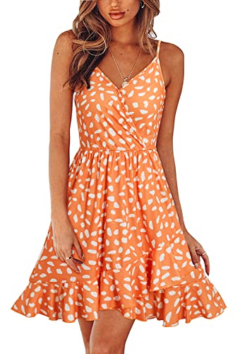 ULTRANICE Damen Sommerkleider Blumenmuster Kleid V-Ausschnitt Strandkleid Verstellbaren Spaghettiträger Rüschen Freizeitkleid(Floral-50,L) von ULTRANICE