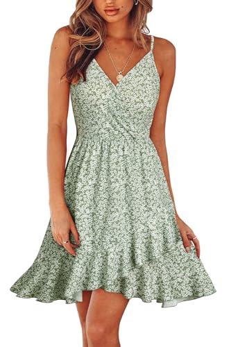 ULTRANICE Damen Sommerkleider Blumenmuster Kleid V-Ausschnitt Strandkleid Verstellbaren Spaghettiträger Rüschen Freizeitkleid(Floral-51,Groß) von ULTRANICE