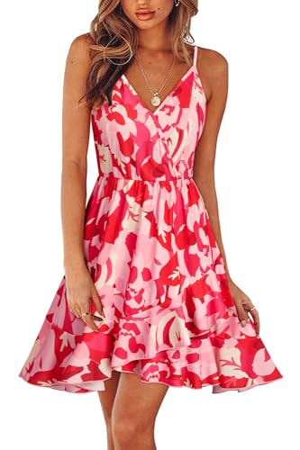 ULTRANICE Damen Sommerkleider Blumenmuster Kleid V-Ausschnitt Strandkleid Verstellbaren Spaghettiträger Rüschen Freizeitkleid(Floral-52,XX-Groß) von ULTRANICE
