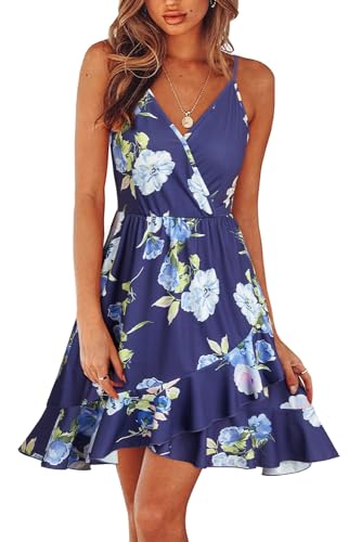 ULTRANICE Damen Sommerkleider Blumenmuster Kleid V-Ausschnitt Strandkleid Verstellbaren Spaghettiträger Rüschen Freizeitkleid(Floral-53,Groß) von ULTRANICE