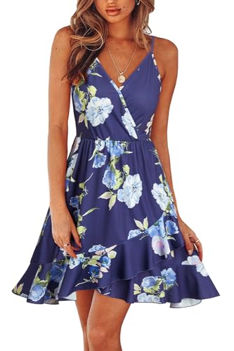 ULTRANICE Damen Sommerkleider Blumenmuster Kleid V-Ausschnitt Strandkleid Verstellbaren Spaghettiträger Rüschen Freizeitkleid(Floral-53,XXL) von ULTRANICE