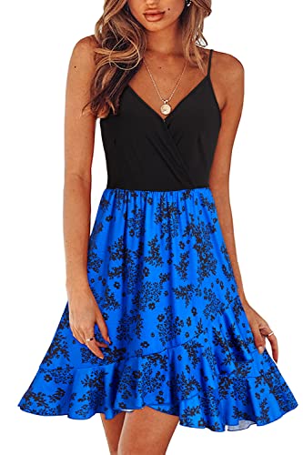 ULTRANICE Damen Sommerkleider Blumenmuster Kleid V-Ausschnitt Strandkleid Verstellbaren Spaghettiträger Rüschen Freizeitkleid(FloralD,XL) von ULTRANICE