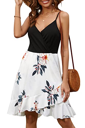 ULTRANICE Damen Sommerkleider Blumenmuster Kleid V-Ausschnitt Strandkleid Verstellbaren Spaghettiträger Rüschen Freizeitkleid(Florala,Medium) von ULTRANICE