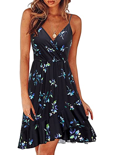 ULTRANICE Damen Sommerkleider Blumenmuster Kleid V-Ausschnitt Strandkleid Verstellbaren Spaghettiträger Rüschen Freizeitkleid(Floral-35,L) von ULTRANICE