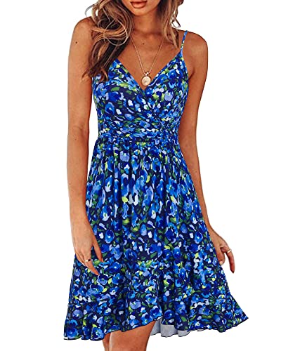 ULTRANICE Damen Sommerkleider Blumenmuster Kleid V-Ausschnitt Strandkleid Verstellbaren Spaghettiträger Rüschen Freizeitkleid(Floral-37,XX-Groß) von ULTRANICE