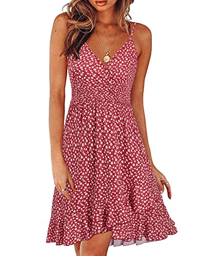 ULTRANICE Damen Sommerkleider Blumenmuster Kleid V-Ausschnitt Strandkleid Verstellbaren Spaghettiträger Rüschen Freizeitkleid(Floral-39,S) von ULTRANICE