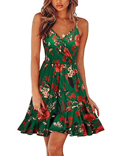 ULTRANICE Damen Sommerkleider Blumenmuster Kleid V-Ausschnitt Strandkleid Verstellbaren Spaghettiträger Rüschen Freizeitkleid(Floral-45,klein) von ULTRANICE
