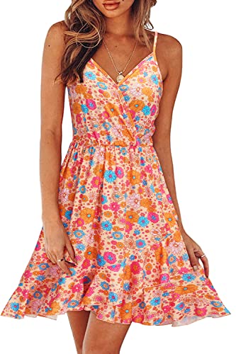 ULTRANICE Damen Sommerkleider Blumenmuster Kleid V-Ausschnitt Strandkleid Verstellbaren Spaghettiträger Rüschen Freizeitkleid(Floral-46,L) von ULTRANICE