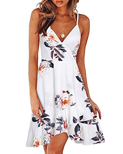 ULTRANICE Damen Sommerkleider Blumenmuster Kleid V-Ausschnitt Strandkleid Verstellbaren Spaghettiträger Rüschen Freizeitkleid(Floral02,S) von ULTRANICE