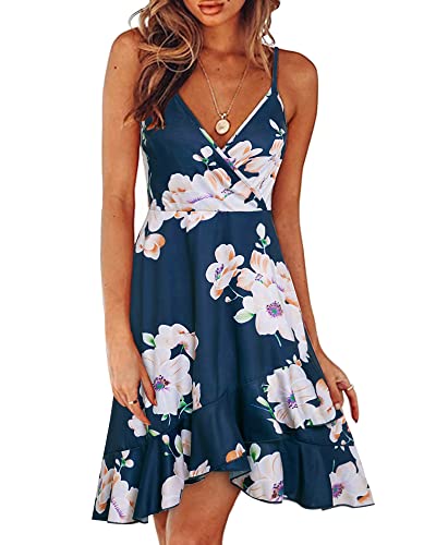 ULTRANICE Damen Sommerkleider Blumenmuster Kleid V-Ausschnitt Strandkleid Verstellbaren Spaghettiträger Rüschen Freizeitkleid(Floral03,Groß) von ULTRANICE