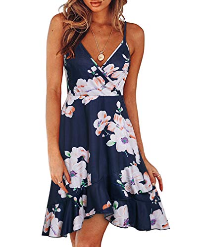 ULTRANICE Damen Sommerkleider Blumenmuster Kleid V-Ausschnitt Strandkleid Verstellbaren Spaghettiträger Rüschen Freizeitkleid(Floral03,S) von ULTRANICE