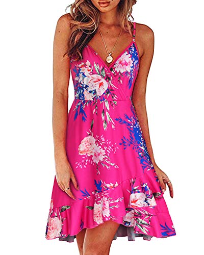 ULTRANICE Damen Sommerkleider Blumenmuster Kleid V-Ausschnitt Strandkleid Verstellbaren Spaghettiträger Rüschen Freizeitkleid(Floral11,Groß) von ULTRANICE