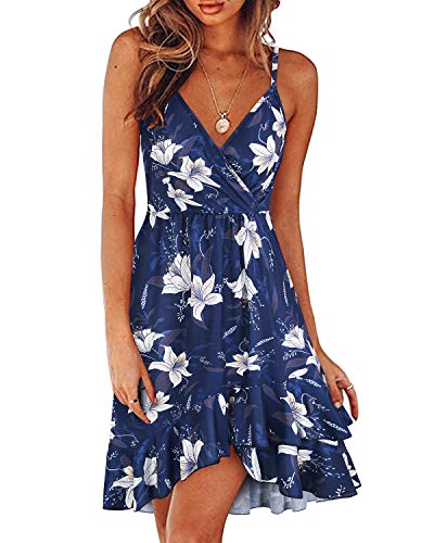 ULTRANICE Damen Sommerkleider Blumenmuster Kleid V-Ausschnitt Strandkleid Verstellbaren Spaghettiträger Rüschen Freizeitkleid(Floral27,L) von ULTRANICE
