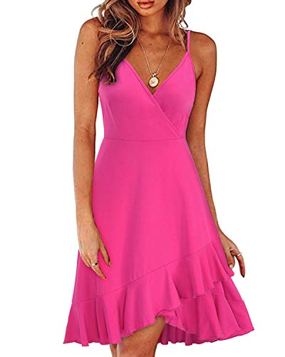 ULTRANICE Damen Sommerkleider Rose Kleid V-Ausschnitt Strandkleid Verstellbaren Spaghettiträger Rüschen Freizeitkleid(Rose,Groß) von ULTRANICE