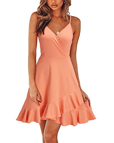 ULTRANICE Damen Sommerkleider Einfarbig Kleid V-Ausschnitt Strandkleid Verstellbaren Spaghettiträger Rüschen Freizeitkleid(Peach,L) von ULTRANICE