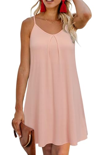 ULTRANICE Sommerkleid Damen Kurze Strandkleid Ärmellos Kleid V-Ausschnitt Spaghettiträger A Linie Kleider(Rosa,Mittel) von ULTRANICE