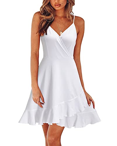 ULTRANICE Damen Sommerkleider Weiß Kleid V-Ausschnitt Strandkleid Verstellbaren Spaghettiträger Rüschen Freizeitkleid(Weiß,XX-Groß) von ULTRANICE