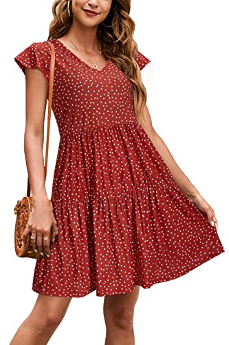 ULTRANICE Sommerkleid Damen Blumen Kurzarm Kleider V-Ausschnitt Strandkleid Abgestuftes Tunika Kleider(Rot,XX-Groß) von ULTRANICE