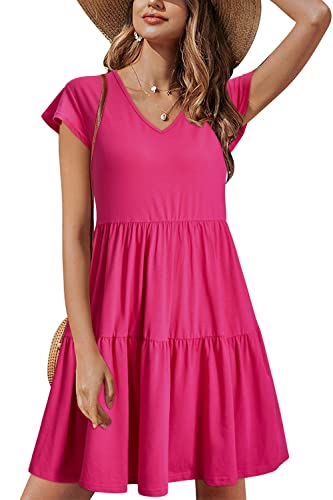 ULTRANICE Sommerkleid Damen Schwarz Kurzarm Kleider V-Ausschnitt Strandkleid Abgestuftes Tunika Kleider(Einfarbig-Rosa,Groß) von ULTRANICE