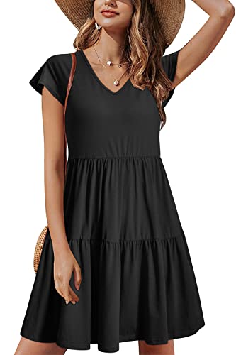 ULTRANICE Sommerkleid Damen Schwarz Kurzarm Kleider V-Ausschnitt Strandkleid Abgestuftes Tunika Kleider(Solid-Black,Groß) von ULTRANICE