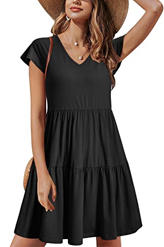 ULTRANICE Sommerkleid Damen Schwarz Kurzarm Kleider V-Ausschnitt Strandkleid Abgestuftes Tunika Kleider(Solid-Black,X-Groß) von ULTRANICE
