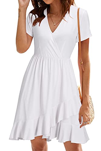 ULTRANICE Damen Weiß Sommerkleider Kurzarm Kleid V-Ausschnitt Strandkleid Rüschen Freizeitkleid(Weiß-3146,klein) von ULTRANICE