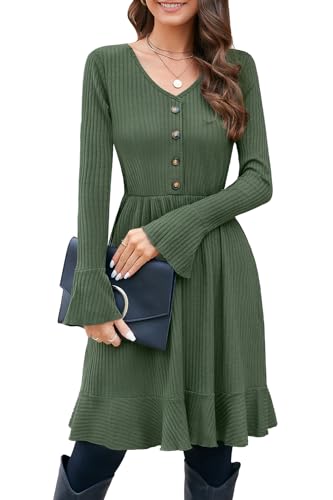 ULTRANICE Strickkleid Damen Herbstkleid Winterkleid V Ausschnitt Pulloverkleid mit Deko Knopf Herbst Winter Kleid (Armee Grün, XXL) von ULTRANICE