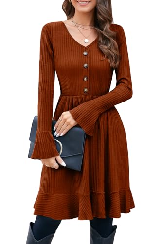 ULTRANICE Strickkleid Damen Herbstkleid Winterkleid V Ausschnitt Pulloverkleid mit Deko Knopf Herbst Winter Kleid (Brown, L) von ULTRANICE