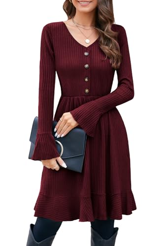 ULTRANICE Strickkleid Damen Herbstkleid Winterkleid V Ausschnitt Pulloverkleid mit Deko Knopf Herbst Winter Kleid (Dark Red, M) von ULTRANICE